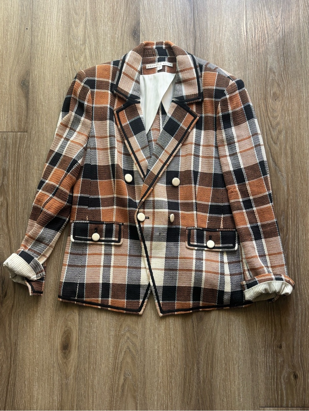 Veronica Beard Plaid Double-Breasted Blazer in Tan, Brown & Cream